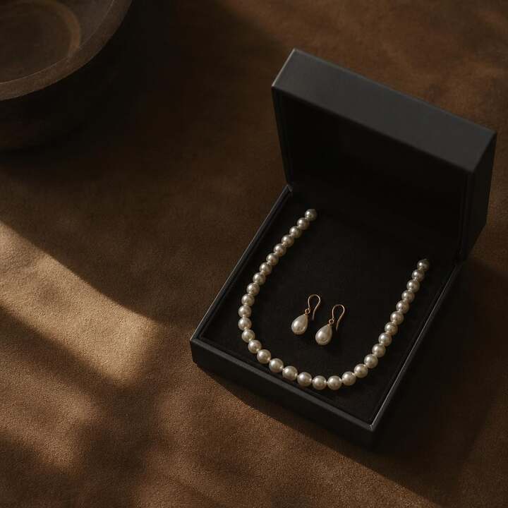 Pearl jewellery in an open presentation box
